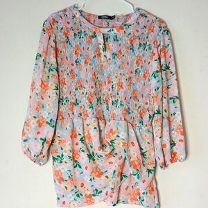 CURE floral smocked Long sleeve top with elastic wrist | Size: Large